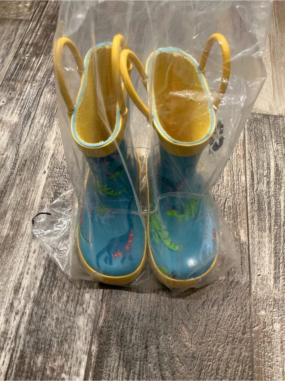 Toddler Yellow-Trim Blue Dinosaur Rain Boots Size 6